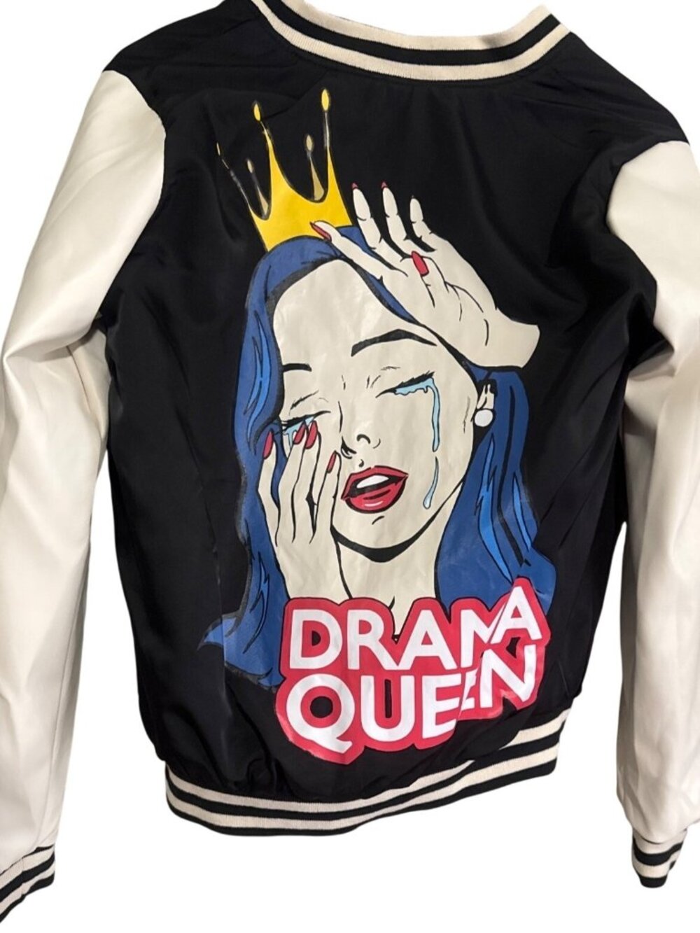 House Brand "Eco Aware" black&white Bomber Jacket XS "Drama Queen" Pop Art